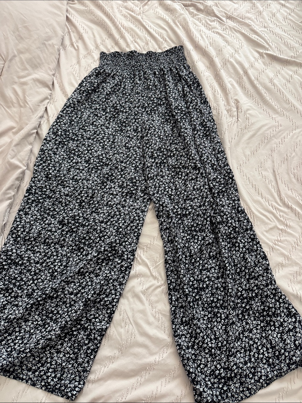 Smocked High-Waist Wide Leg Pants - Black Floral